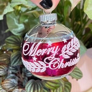 3" Radko Shiny Brite Stenciled Flocked Ornament Merry Christmas Pink Blue MCM